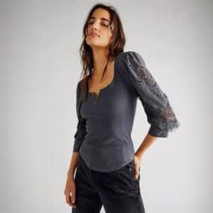 Free People Brunch Date Textured Knit Lace Sleeve Top Metal Stiletto Gray M